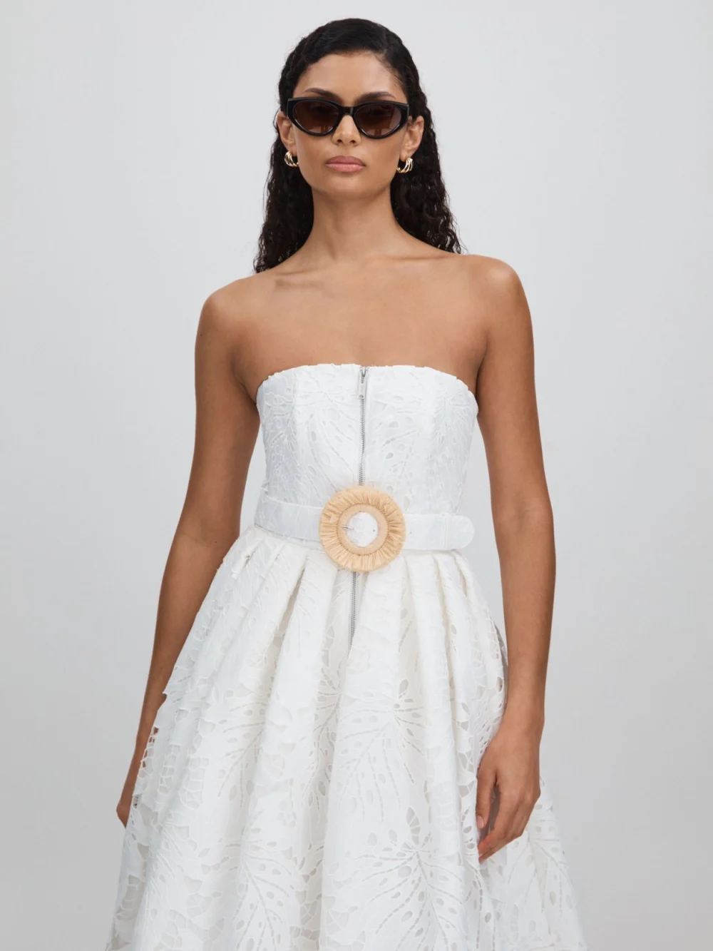 Leo Lin Leo Lin Women's White Lace Detail Belted Midi Dress, view 3