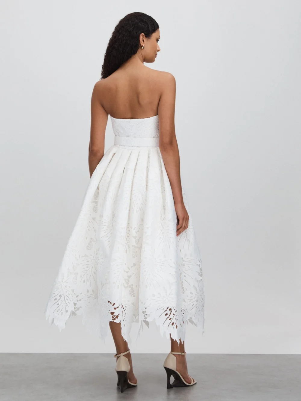 Leo Lin Leo Lin Women's White Lace Detail Belted Midi Dress, view 4