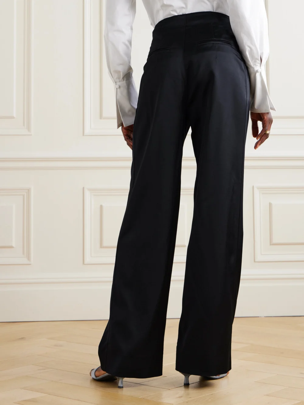 Back view of the Liberowe Annie Pleated Satin-twill Wide-leg Pants