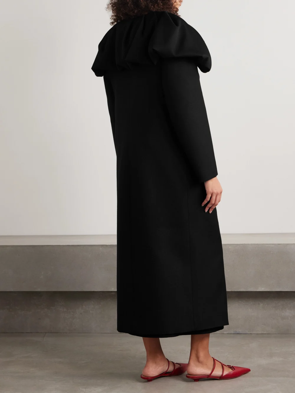 Back view of the Liberowe Bombardo Double-breasted Pleated Ruffled Wool-twill Coat