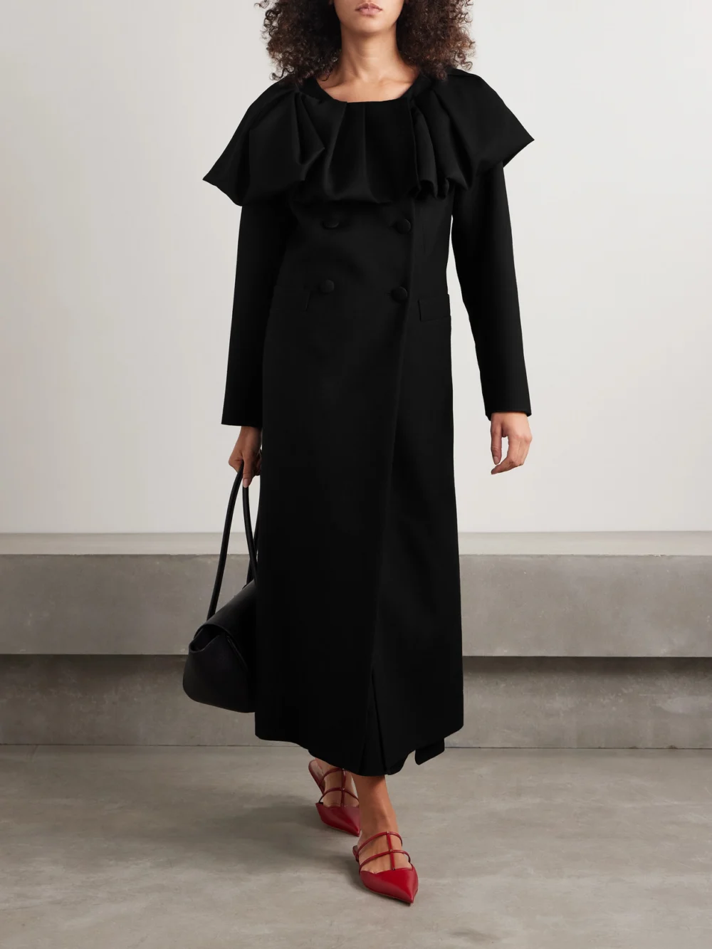 Liberowe Bombardo Double-breasted Pleated Ruffled Wool-twill Coat, worn by a model
