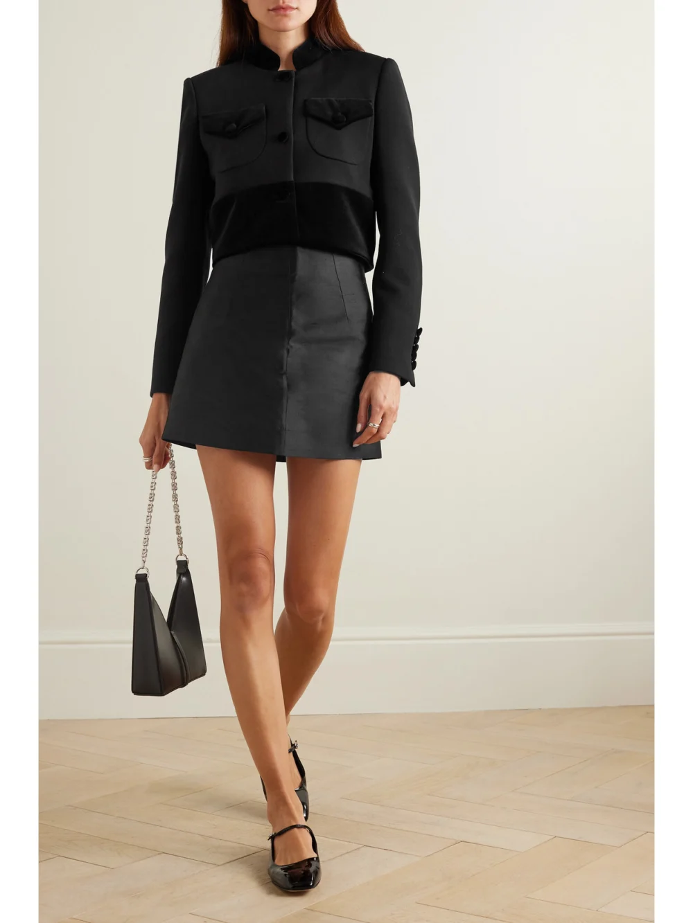 Liberowe Raja Cropped Cotton Velvet-trimmed Wool Jacket, worn by a model