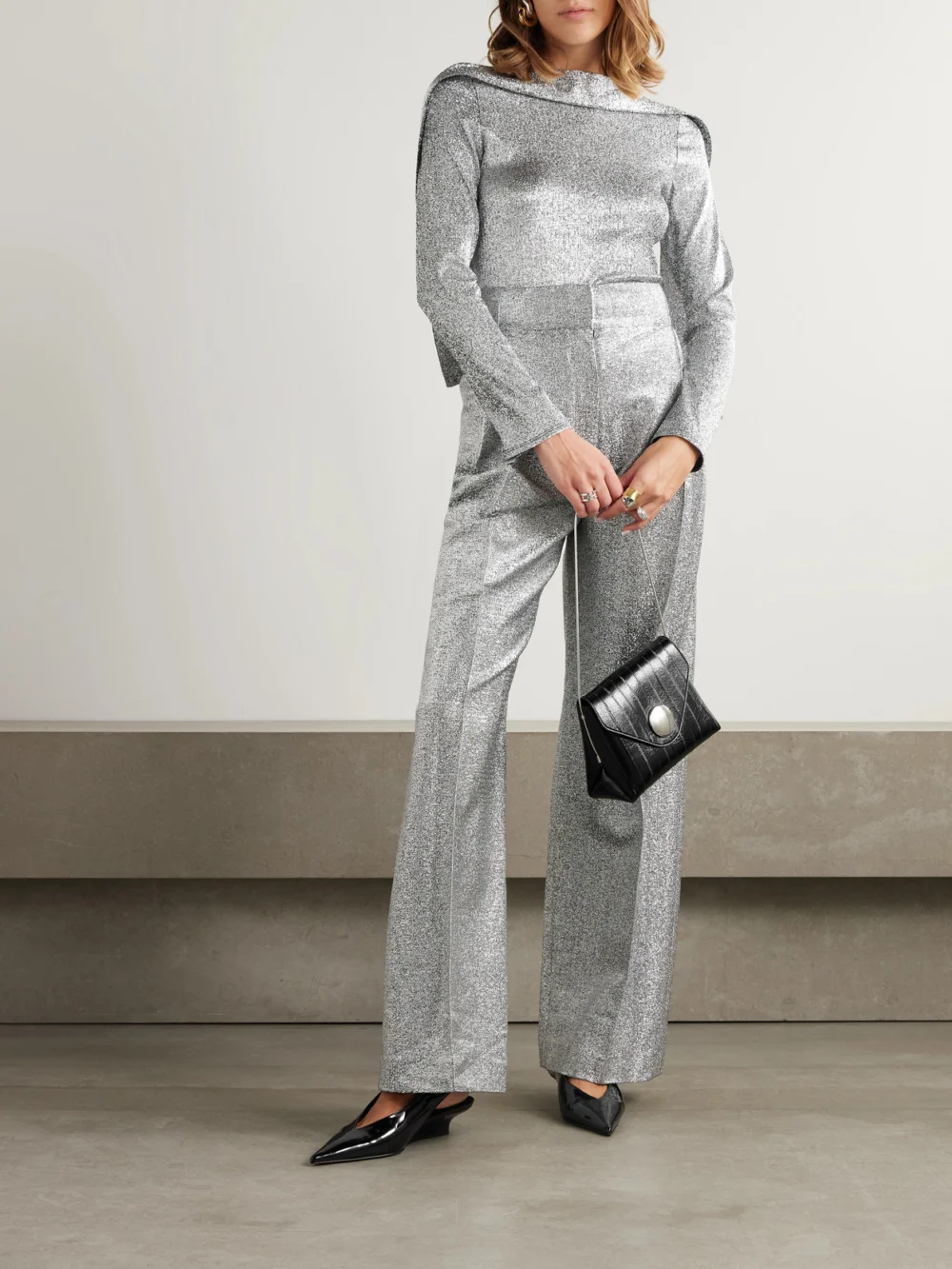 Liberowe Roberta Scarf-detailed Metallic Knitted Top, worn by a model