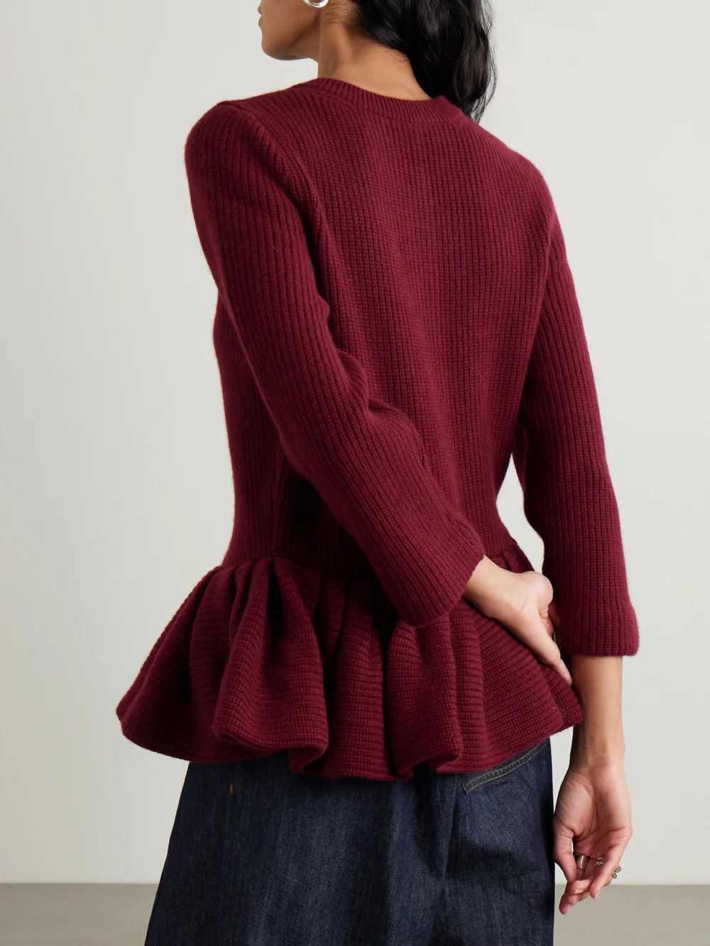 Back view of the Liberowe Ruffled Cashmere Peplum Cardigan