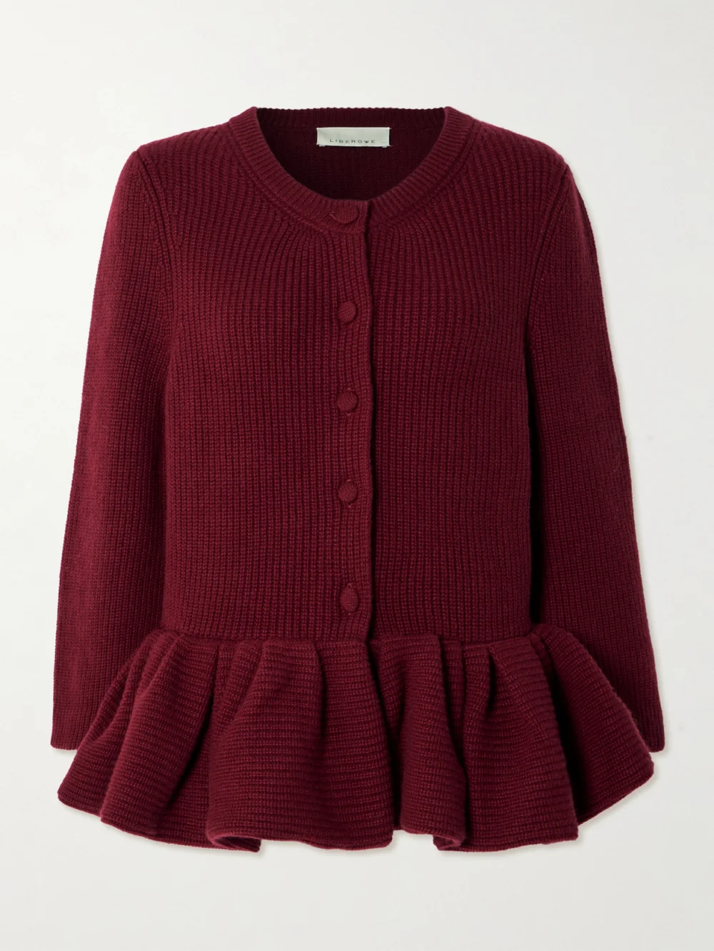 Liberowe Ruffled Cashmere Peplum Cardigan in burgundy