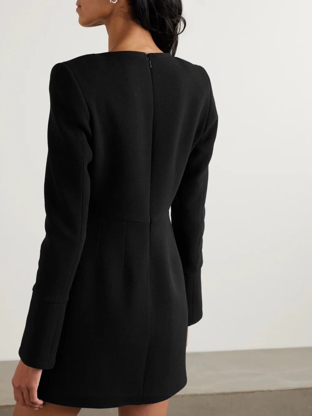 Back view of the Liberowe + the Vanguard Amber Wool-crepe Mini Dress