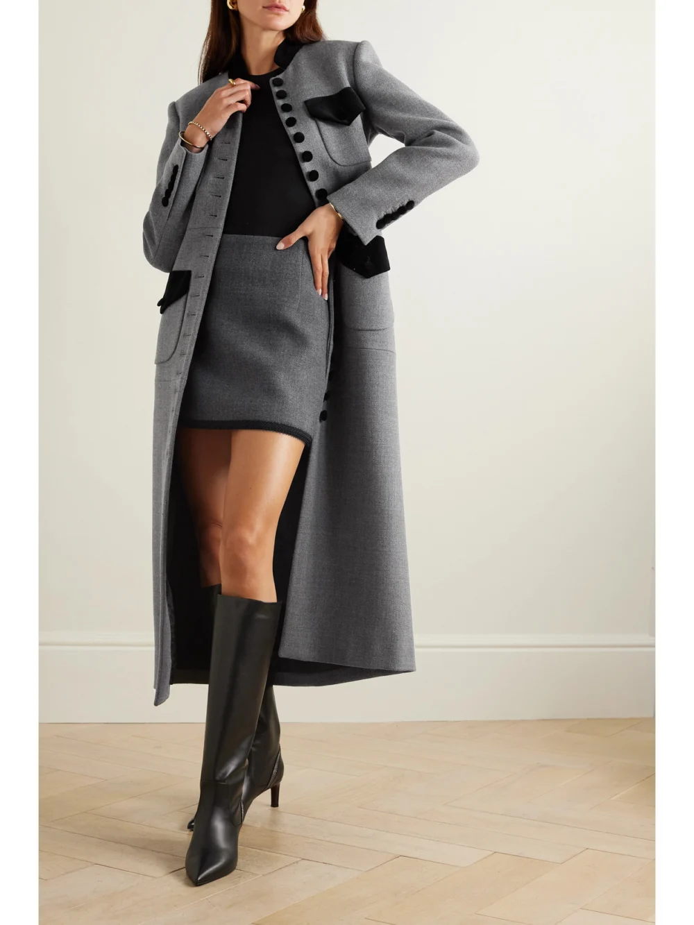 Liberowe Velvet-trimmed Wool Coat, worn by a model