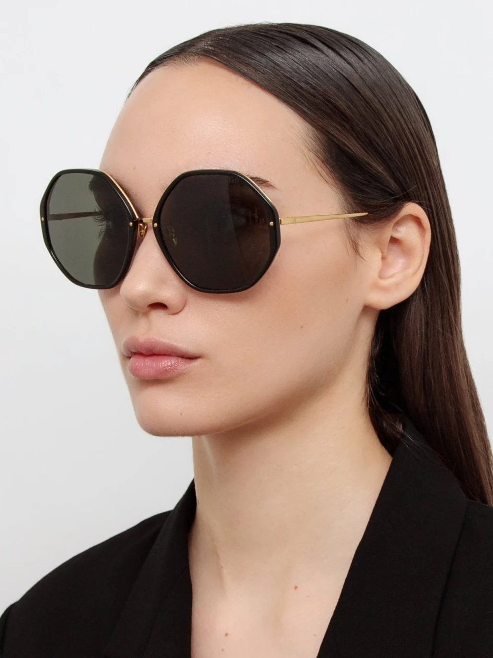 Linda Farrow Alona Sunglasses, 22k gold and grey, view 3