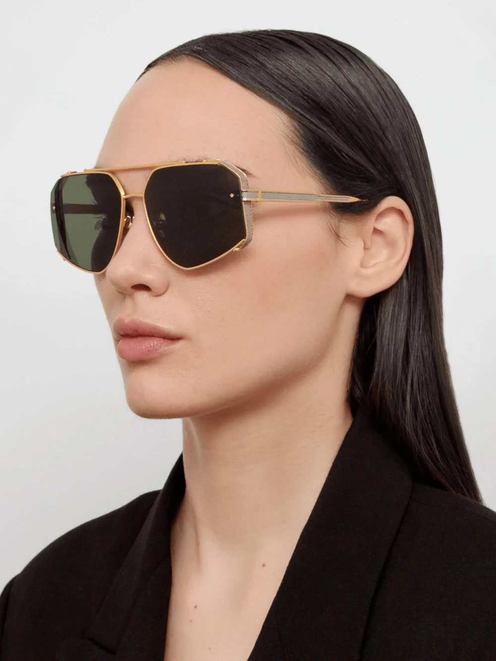 Linda Farrow Amar Sunglasses, 22k gold and green, view 3