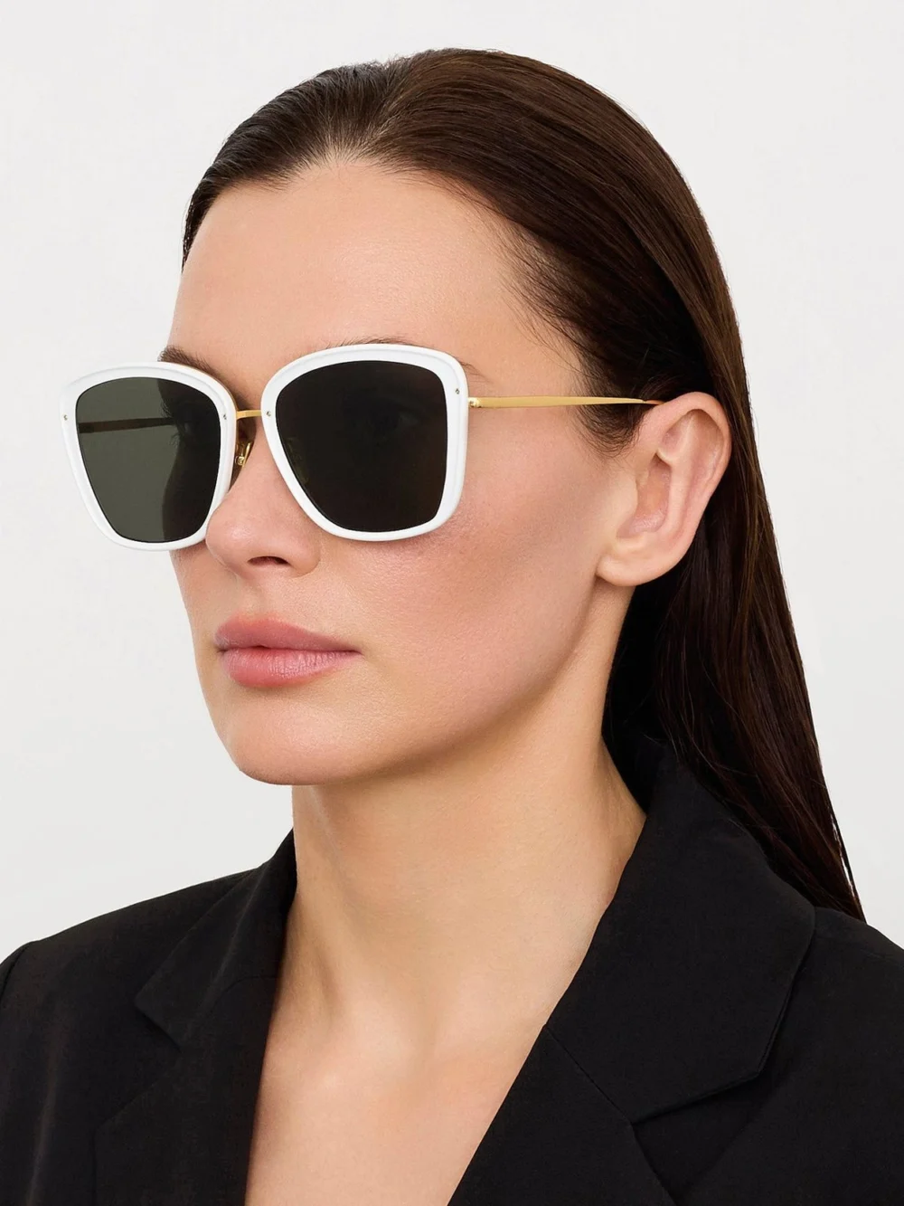 Linda Farrow Anais Sunglasses, 22k white gold and grey, view 3