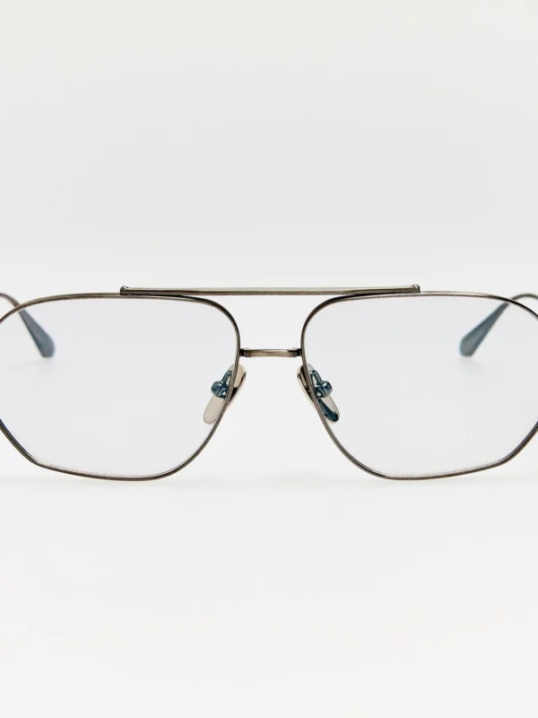 Linda Farrow Arden Sunglasses in Matt Antique Silver & Grey Barberini Photochromic Transition Lenses