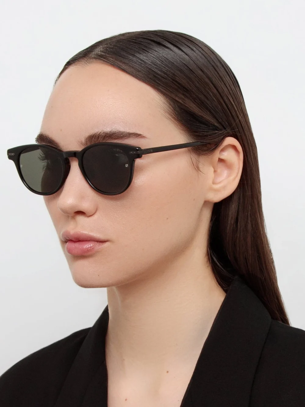 Linda Farrow Bay Sunglasses, black and matt nickel, view 3