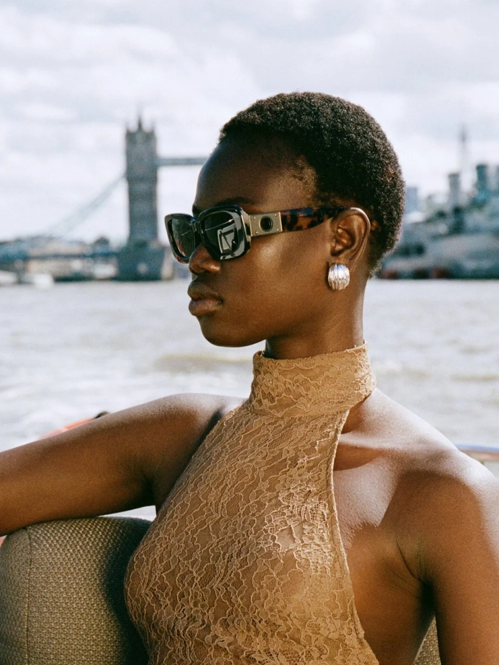 Linda Farrow Belle Sunglasses, black and tortoiseshell, view 3