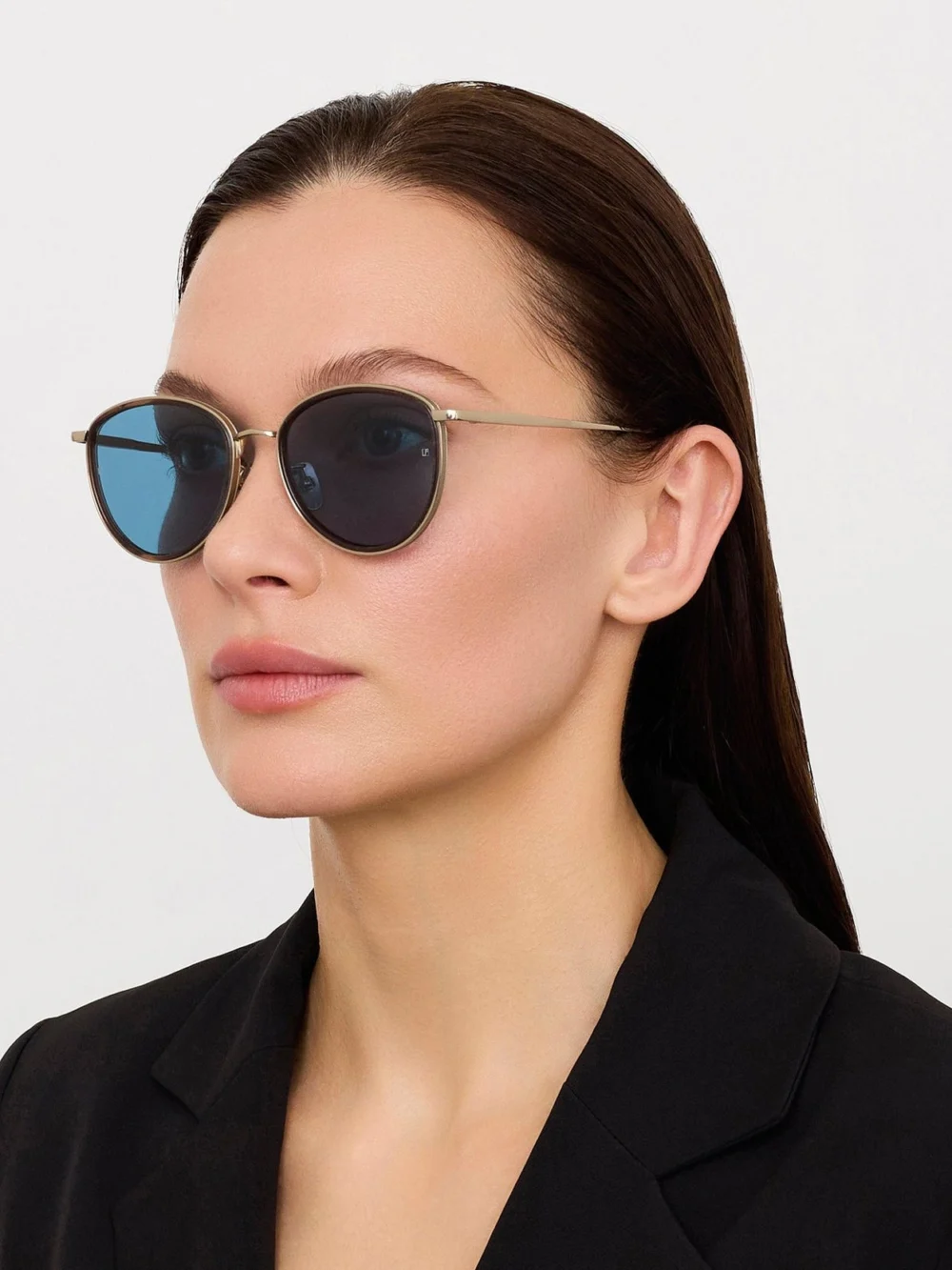 Linda Farrow Dahlia Sunglasses, 22k gold and aqua, view 3
