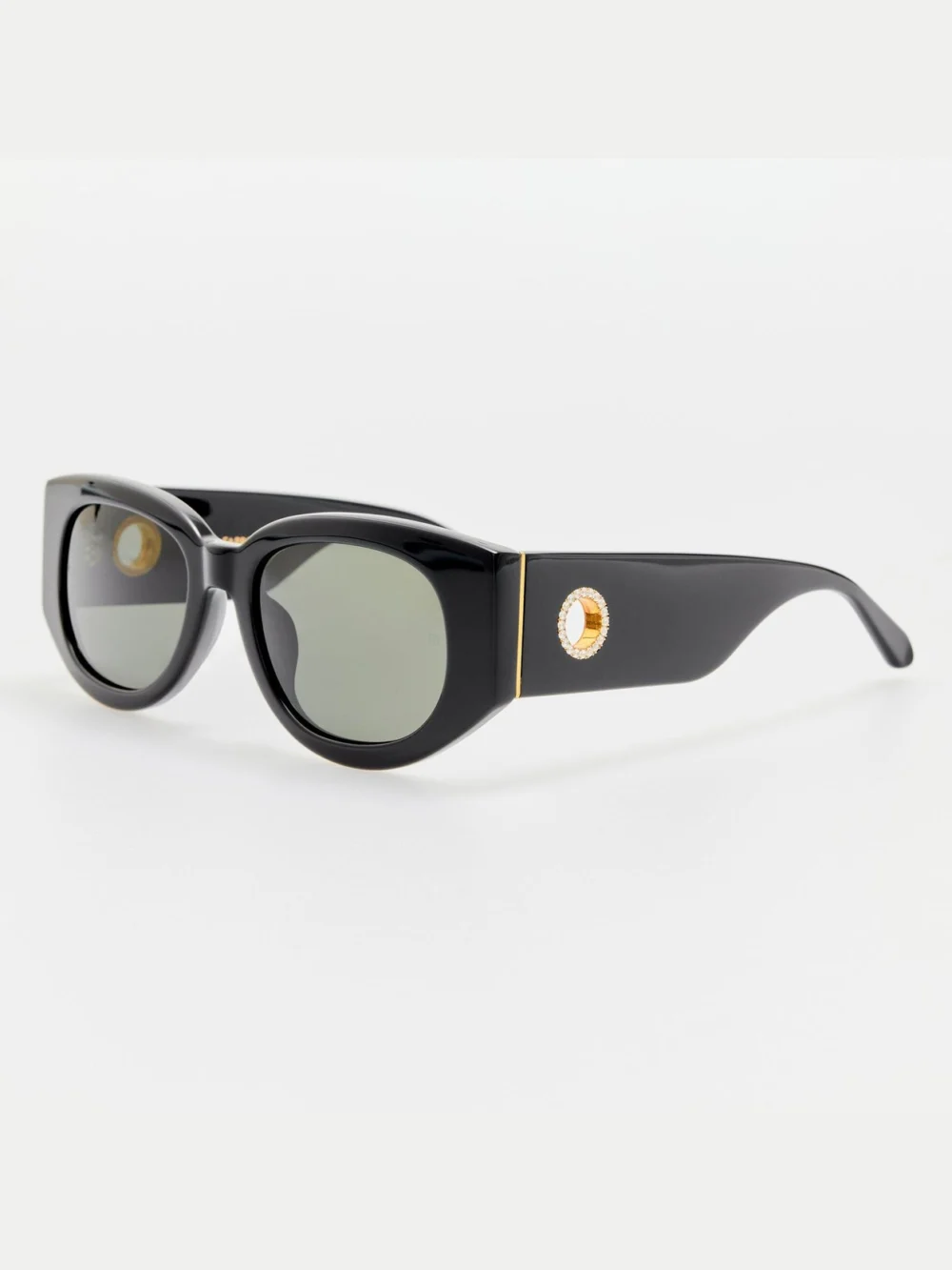 Linda Farrow Debbie Sunglasses, black with diamonds and 22k gold, view 2
