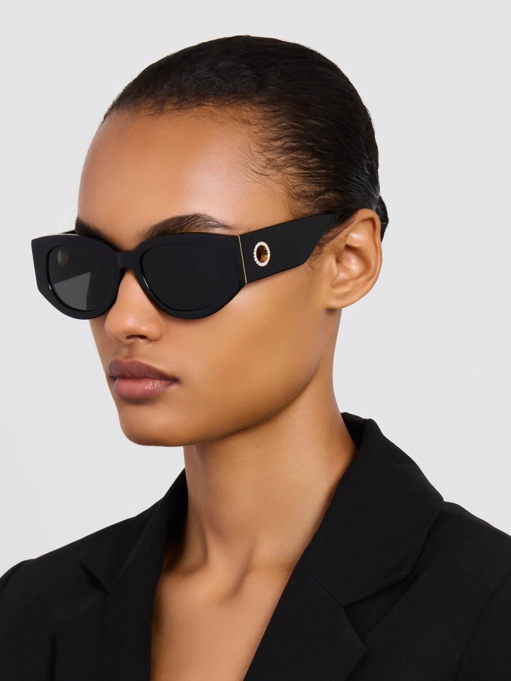 Linda Farrow Debbie Sunglasses, black with diamonds and 22k gold, view 4