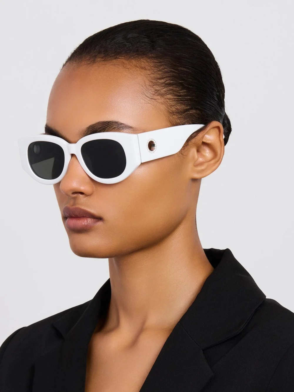 Linda Farrow Debbie Sunglasses, white with diamonds and 22k white gold, view 3