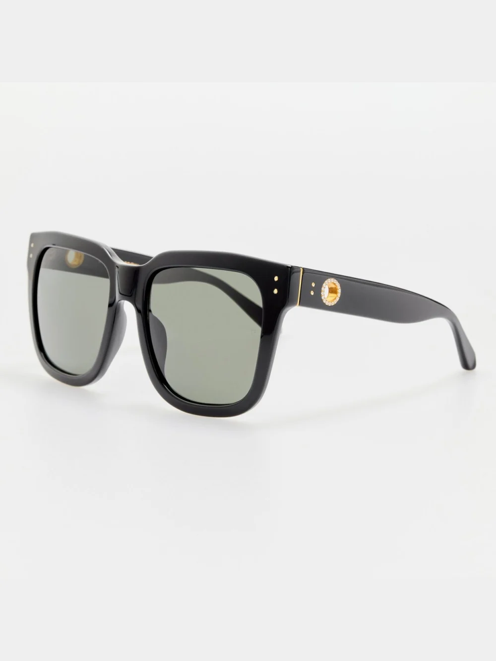 Linda Farrow Freya Square Sunglasses, black with diamonds and 22k gold, view 2