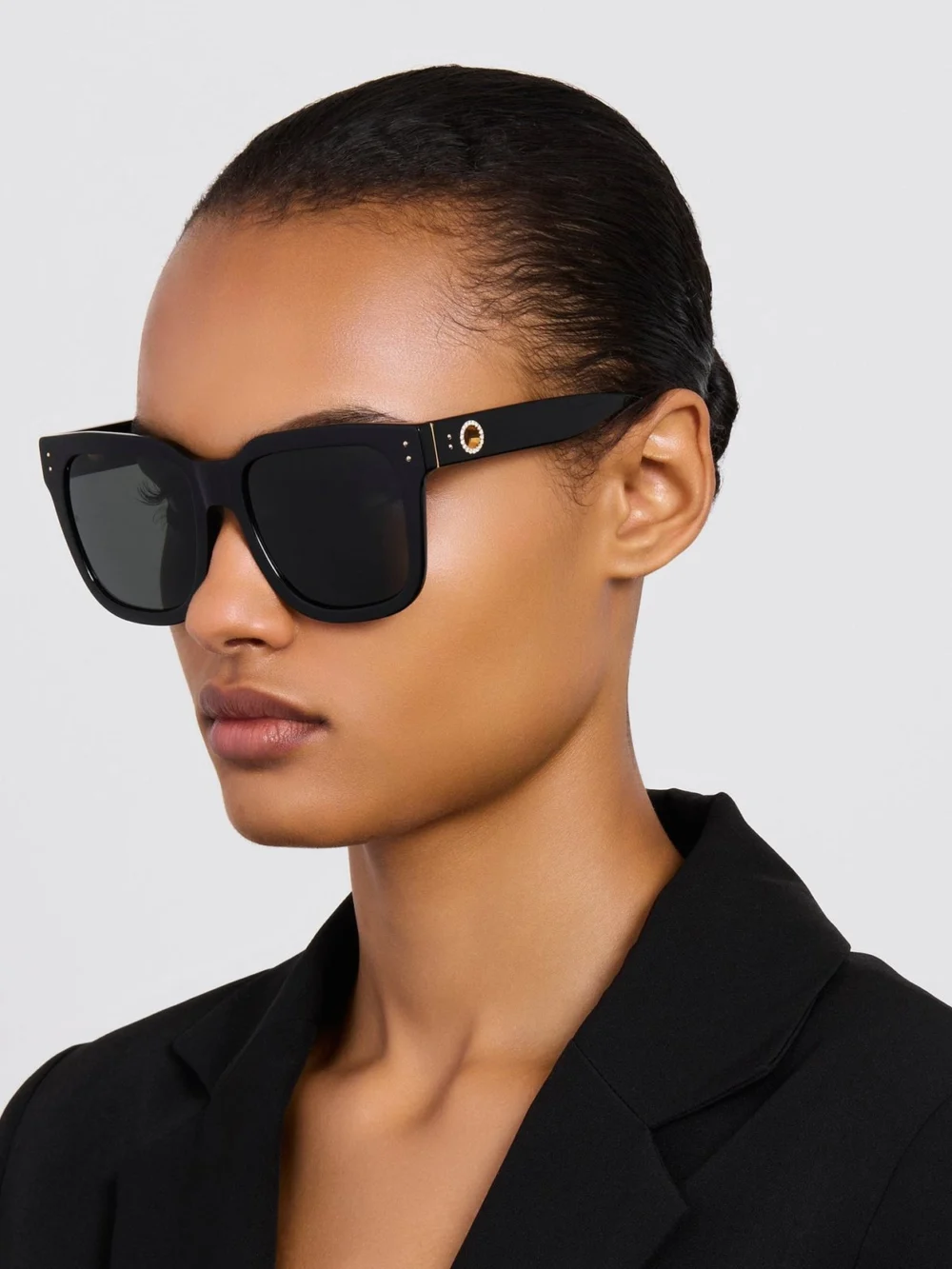 Linda Farrow Freya Square Sunglasses, black with diamonds and 22k gold, view 3