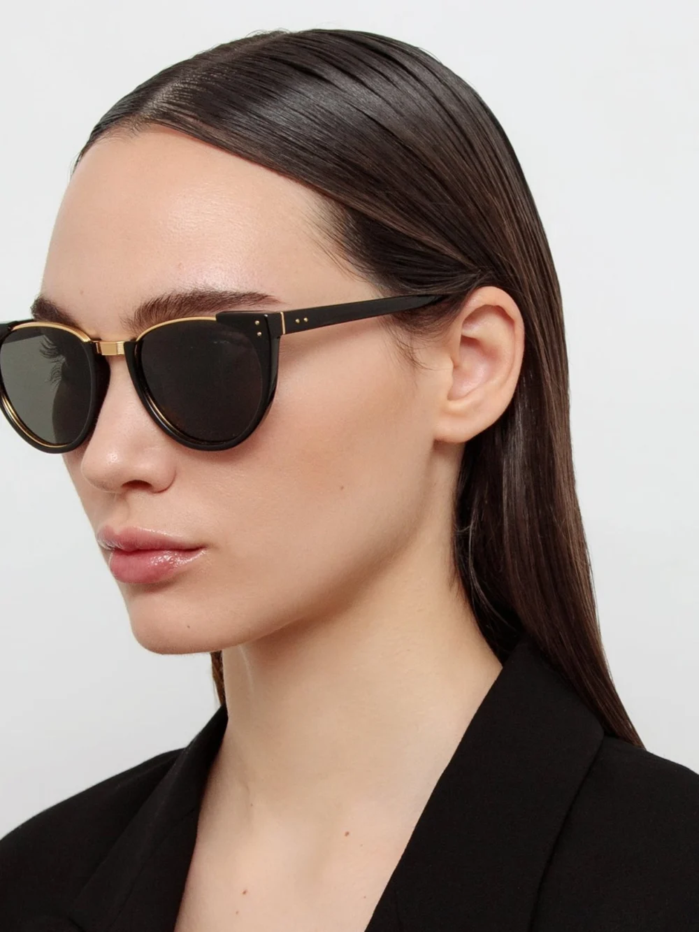 Linda Farrow Iris Oval Sunglasses, black, view 5