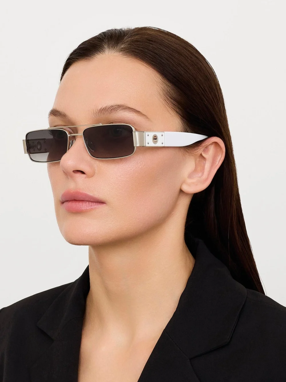 Linda Farrow Joey Sunglasses, 22k white gold and grey, view 3
