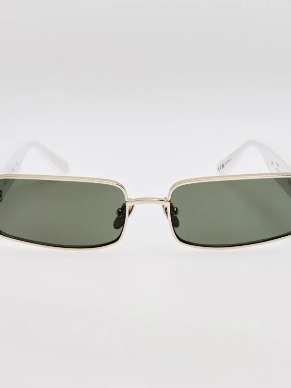 Linda Farrow Kaia Sunglasses in 22K White Gold and Grey