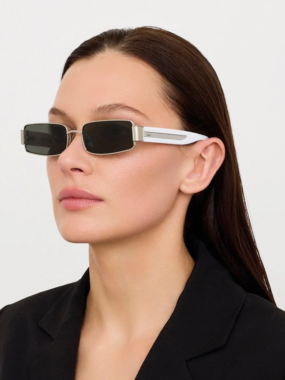 Linda Farrow Kaia Sunglasses, 22k white gold and grey, view 3