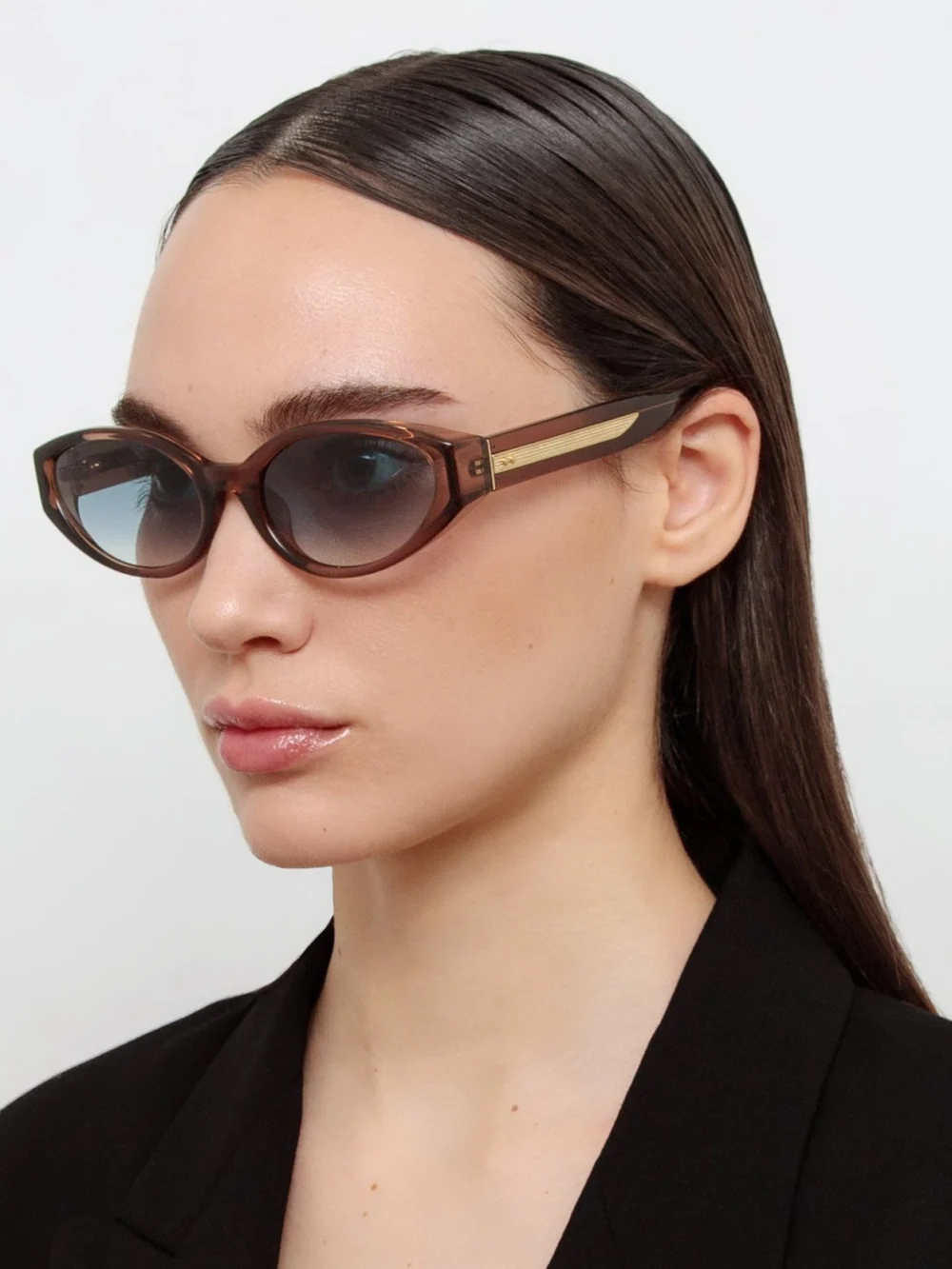 Linda Farrow Lyra Oval Sunglasses, brown and aqua, view 3