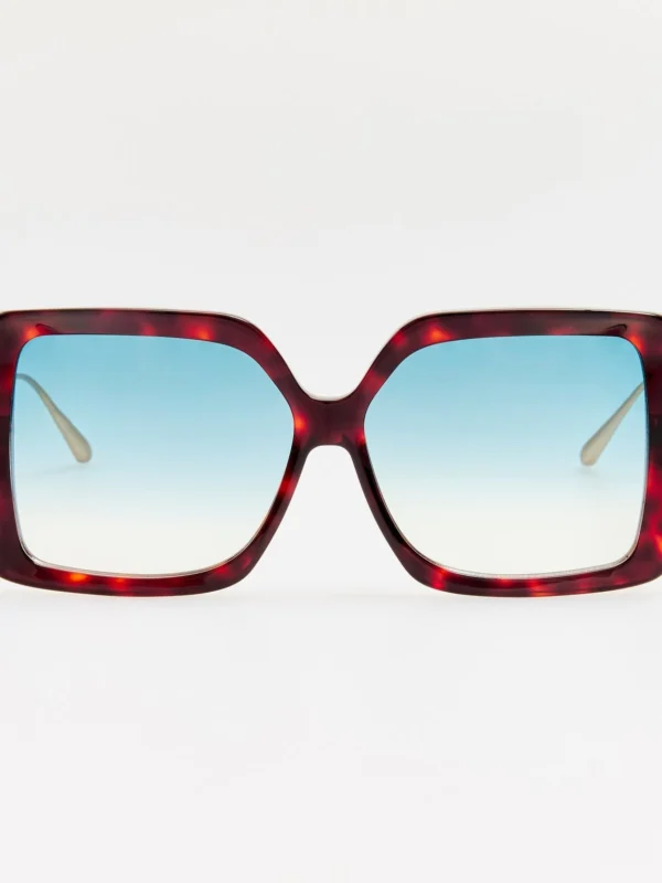 Linda Farrow Macy Vista Temple Sunglasses in Dark Tortoiseshell with Blue Lens