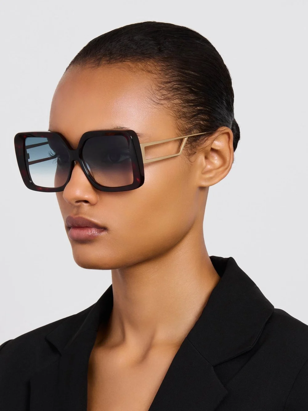 Linda Farrow Macy Vista Temple Sunglasses, dark tortoiseshell with blue lens, view 3