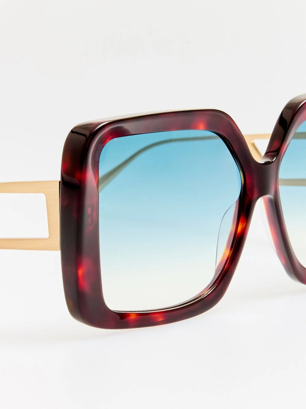 Linda Farrow Macy Vista Temple Sunglasses, dark tortoiseshell with blue lens, view 4