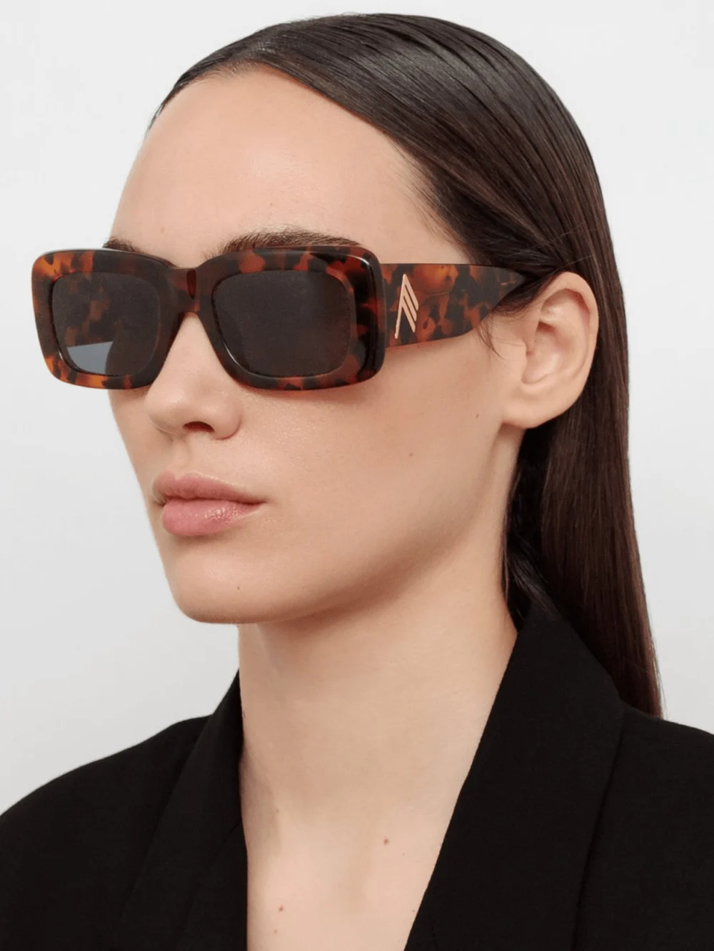 Linda Farrow Marfa Rectangular Sunglasses, tortoiseshell and blue lenses, view 3