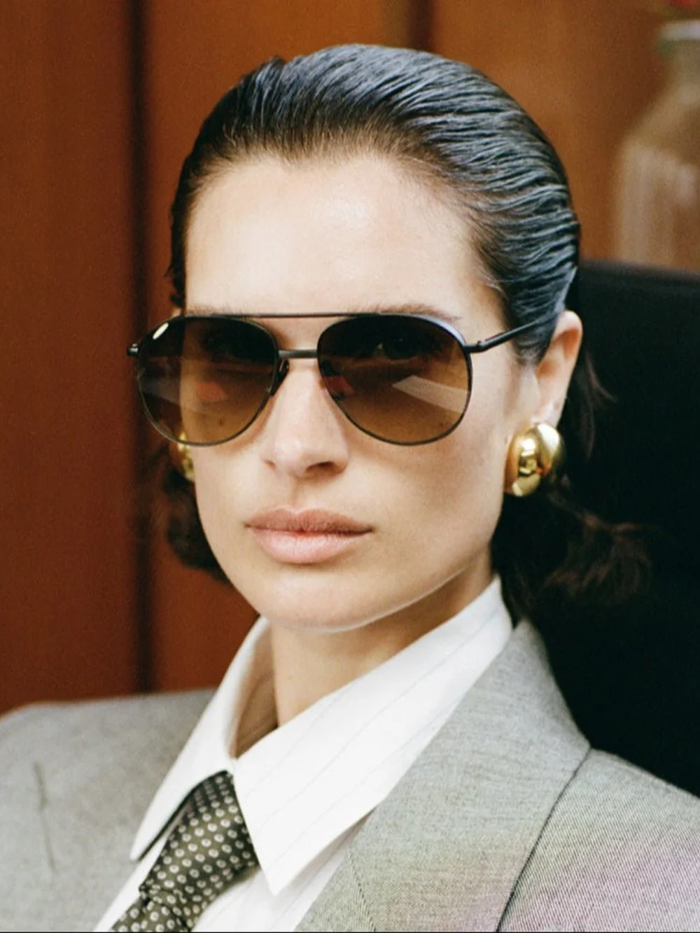 Linda Farrow Meret Sunglasses, matt nickel and mocha, view 3