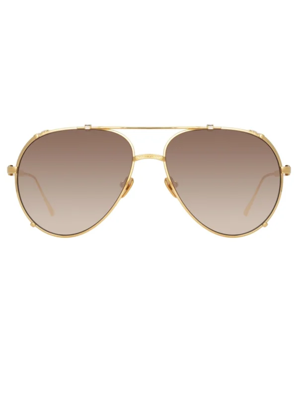 Linda Farrow Newman Sunglasses in 22K Yellow Gold and Mocha