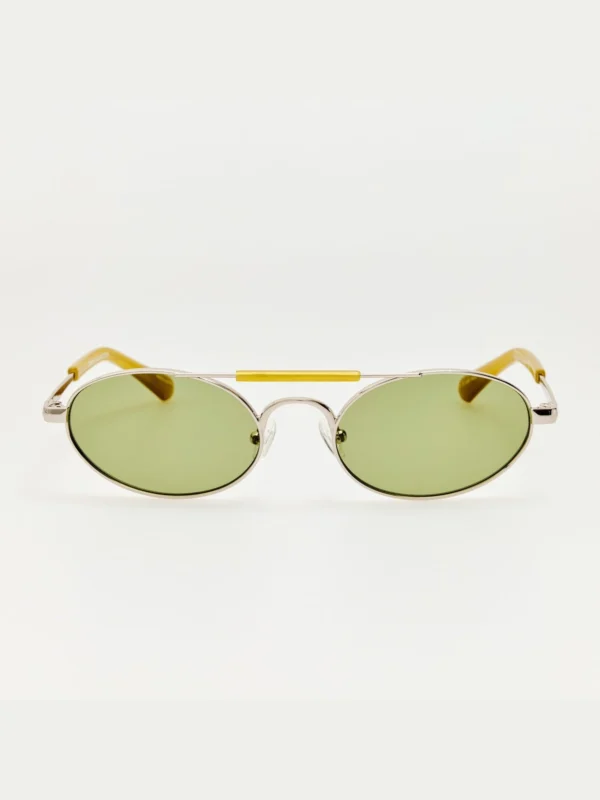 Linda Farrow Oval Sunglasses in Silver and Green