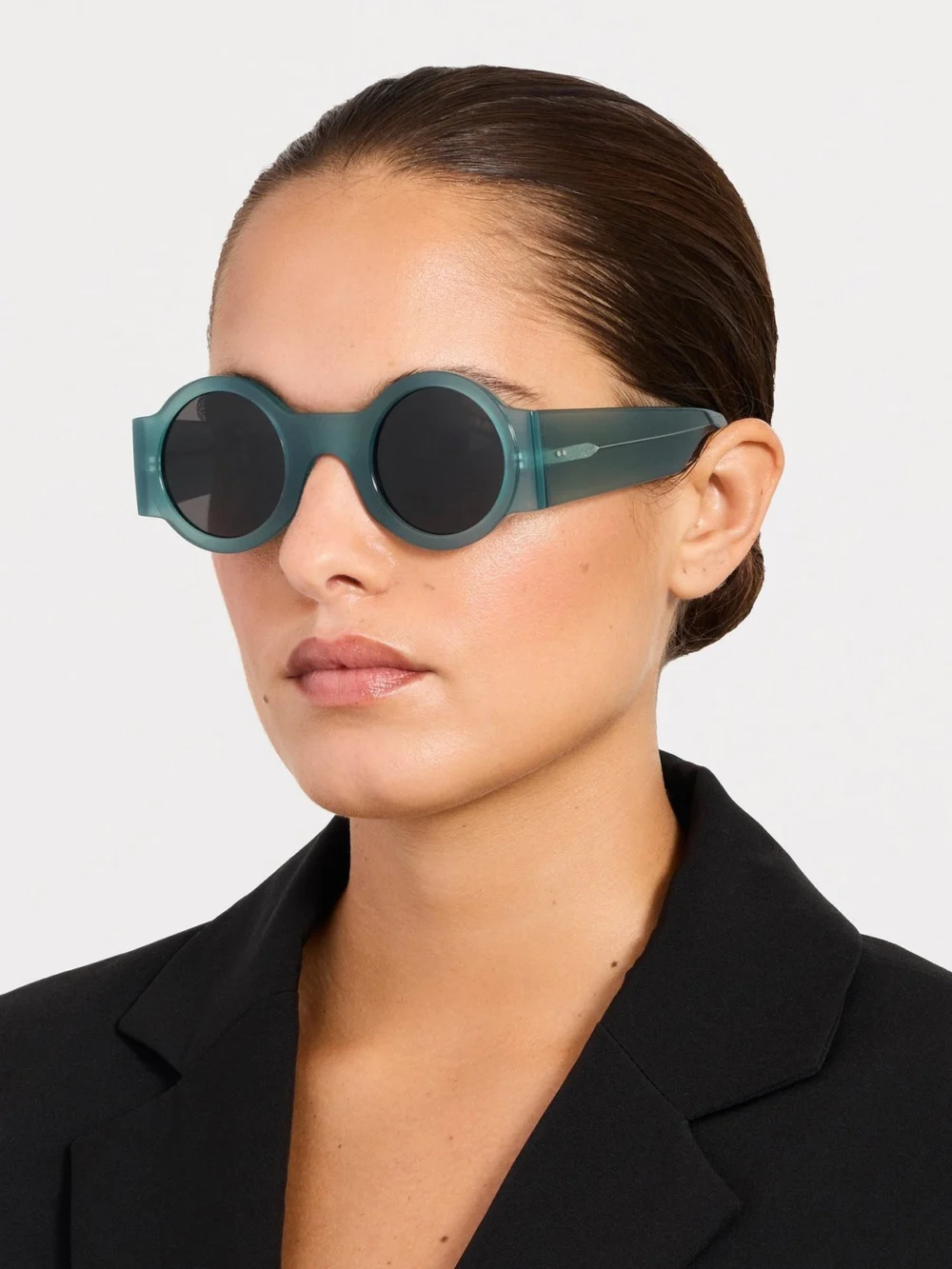 Linda Farrow Roud Sunglasses, teal, view 3