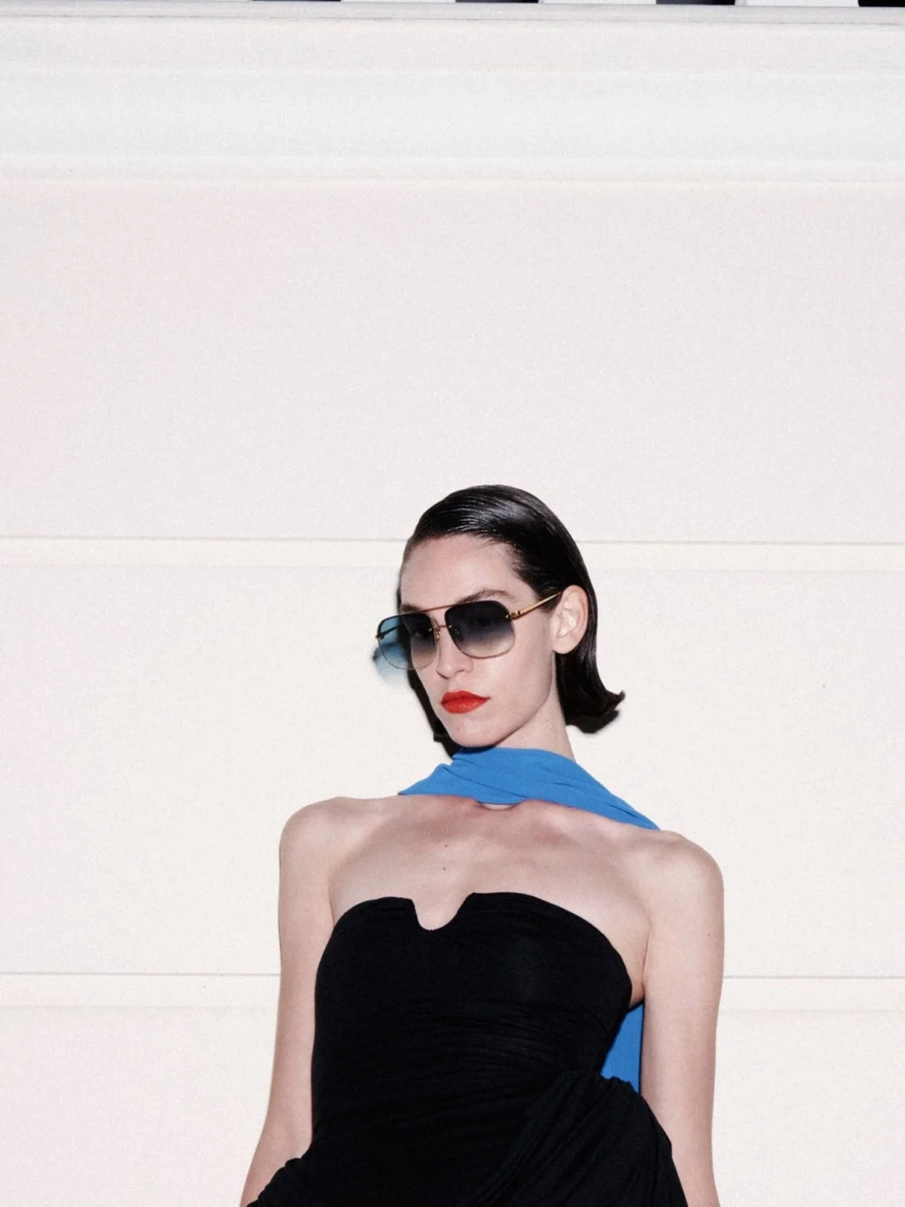 Linda Farrow Seren Sunglasses, 22k gold and aqua, view 3