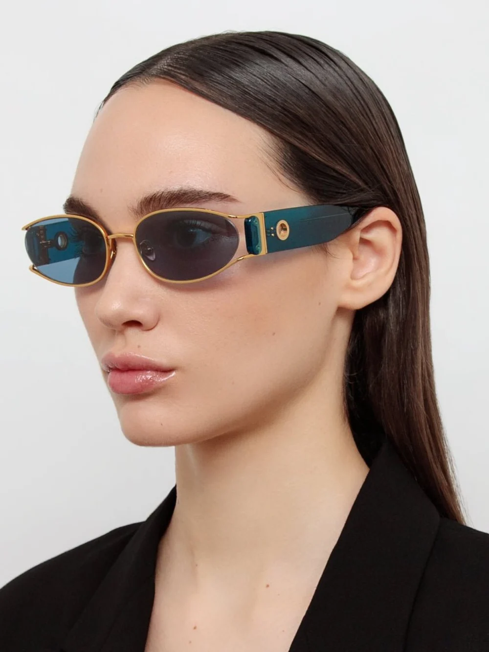 Linda Farrow Shelby Sunglasses, 22k gold and aqua, view 3