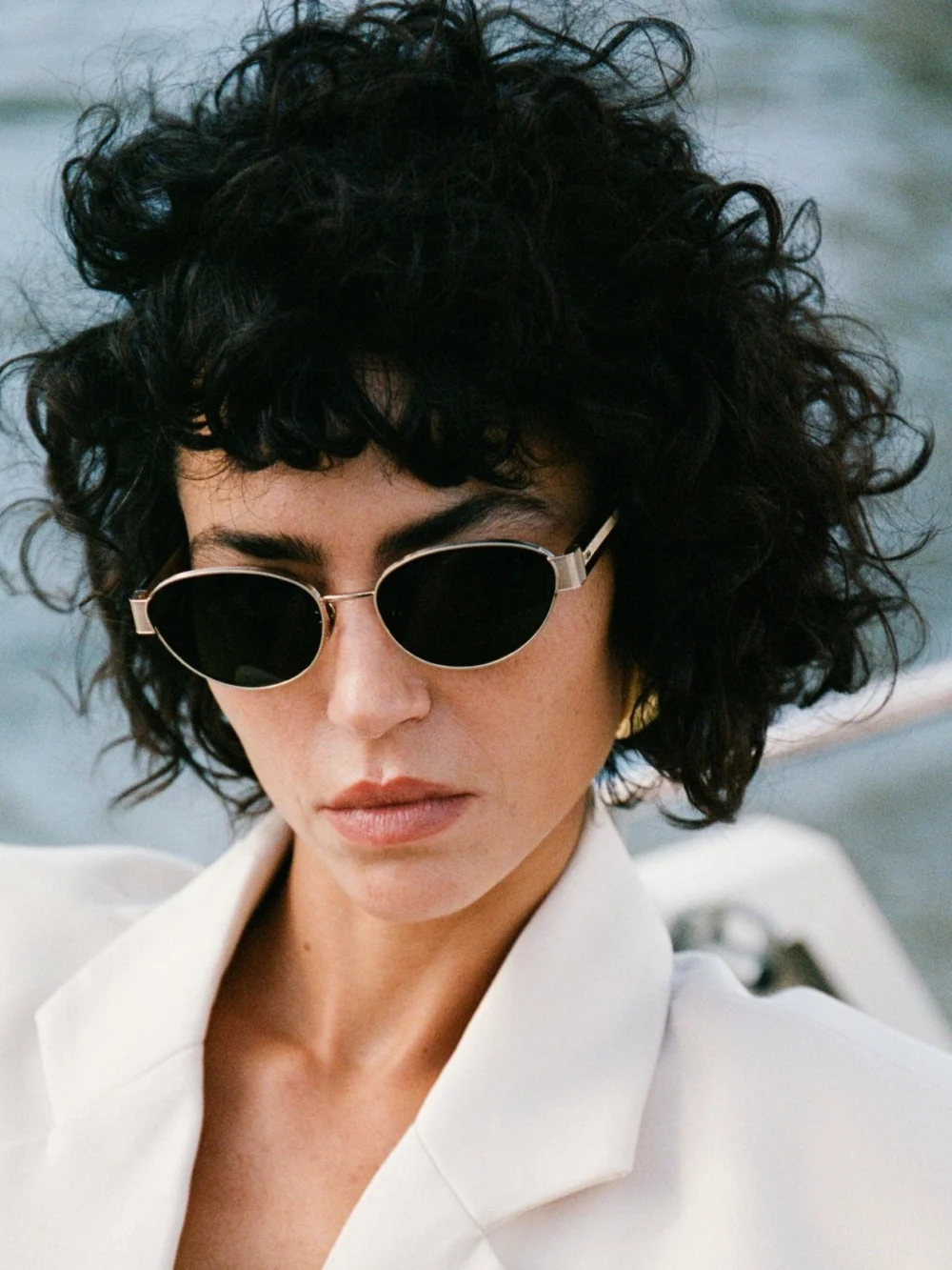 Linda Farrow Sheri Sunglasses, matt champagne and green, view 3