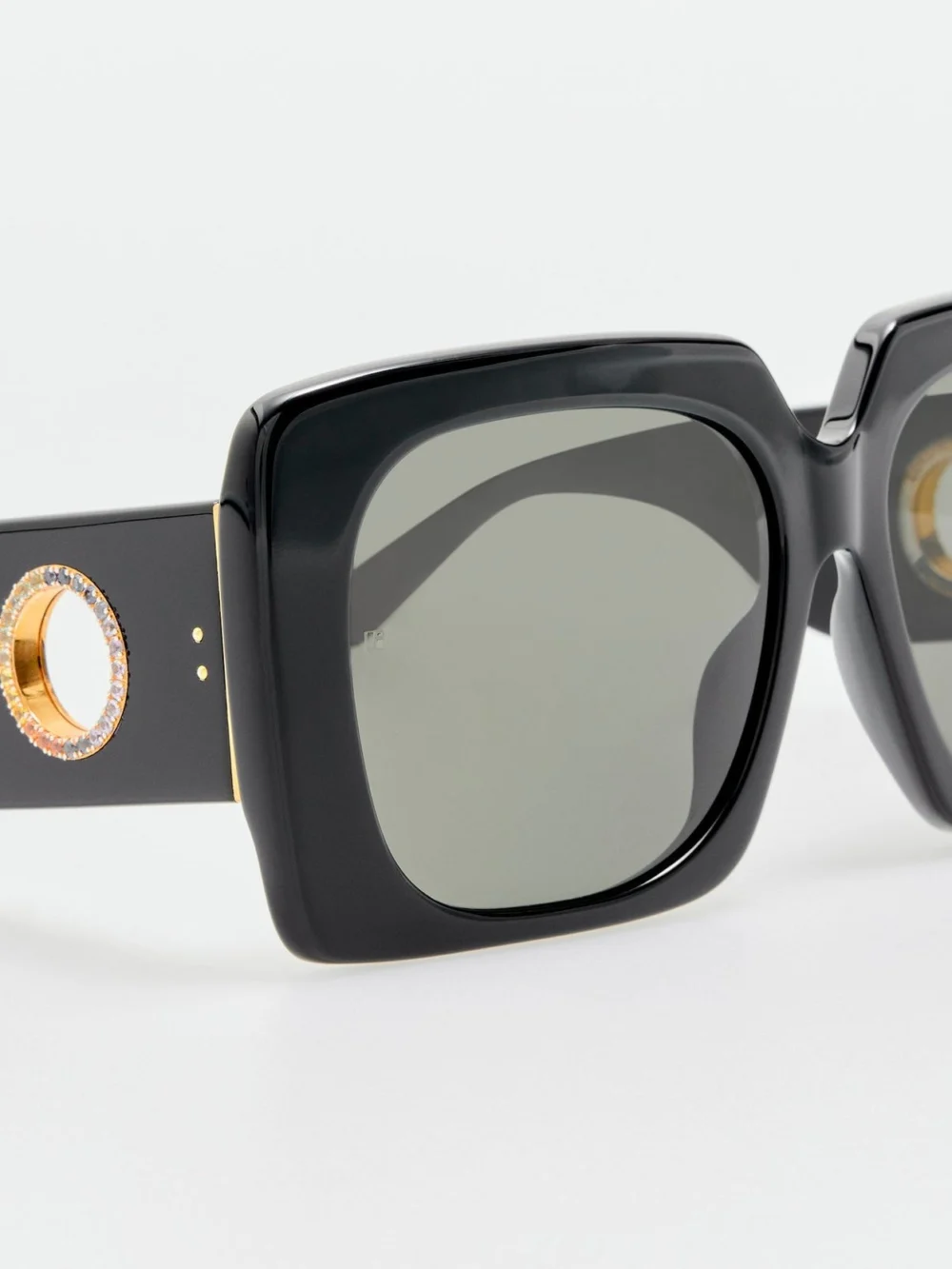 Linda Farrow Sierra Sunglasses, black with rainbow sapphires and 22k gold, view 4