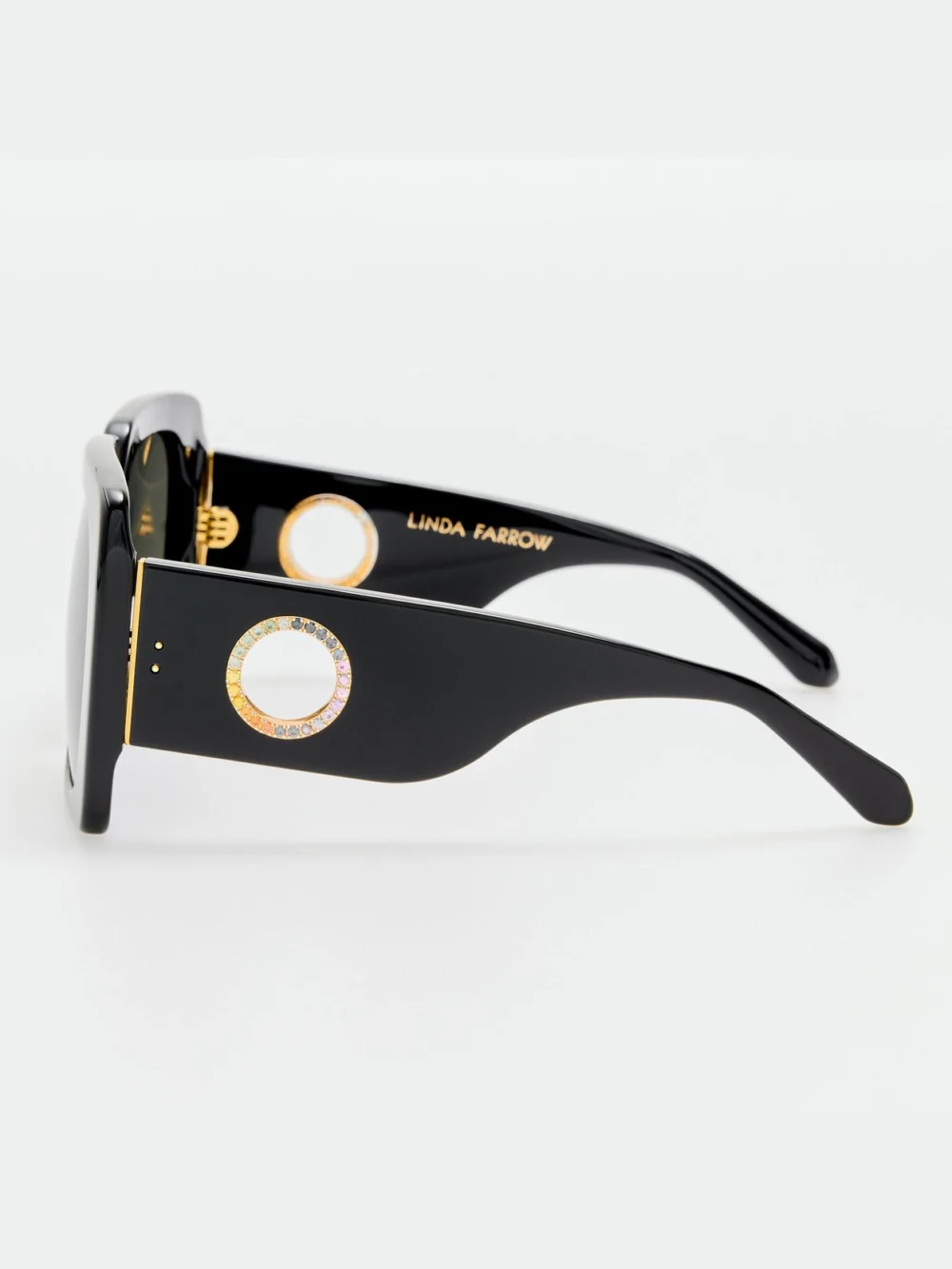 Linda Farrow Sierra Sunglasses, black with rainbow sapphires and 22k gold, view 5