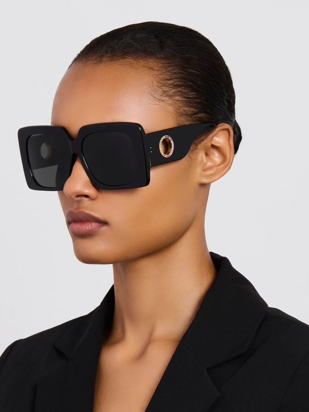 Linda Farrow Sierra Sunglasses, black with rainbow sapphires and 22k gold, view 6