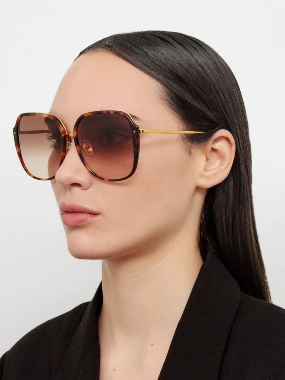 Linda Farrow Sofia Sunglasses, 22k gold and brown, view 3