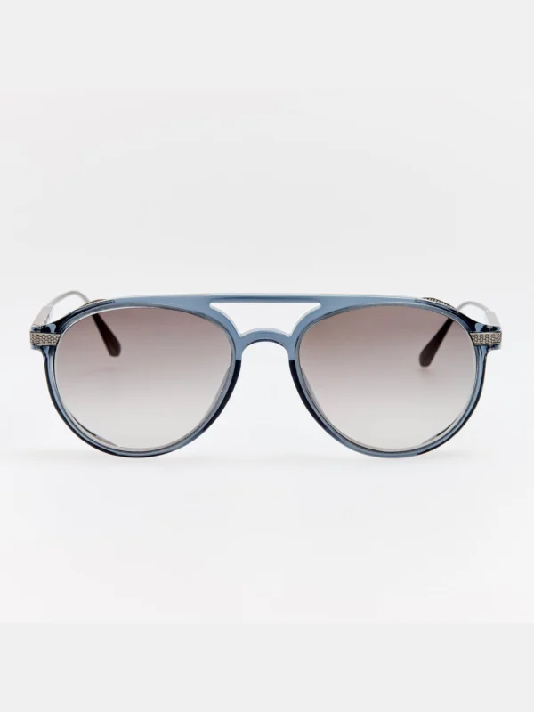 Linda Farrow Sutton Explorer Sunglasses in Antique White Gold and Navy