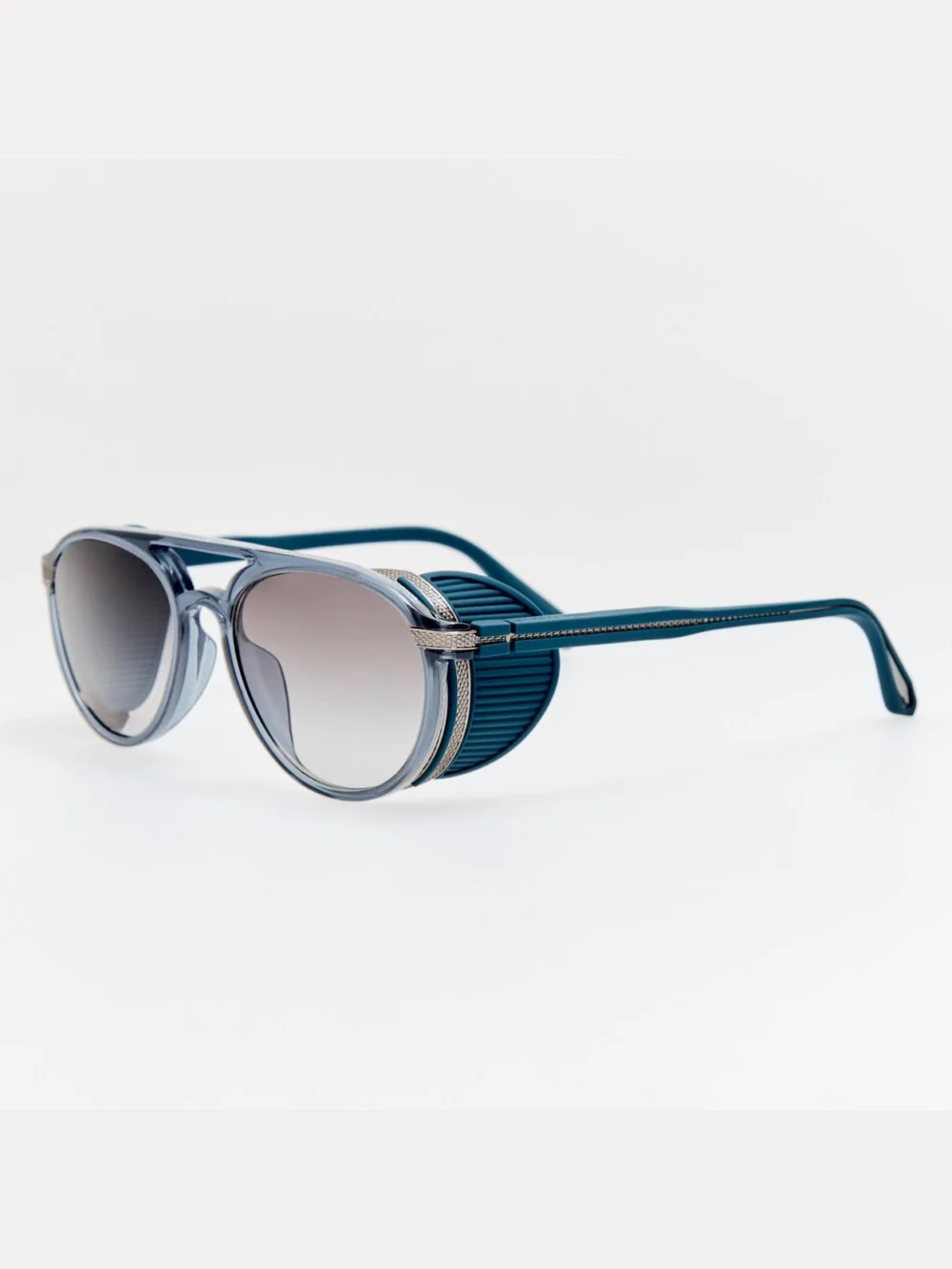 Linda Farrow Sutton Explorer Sunglasses, antique white gold and navy, view 2