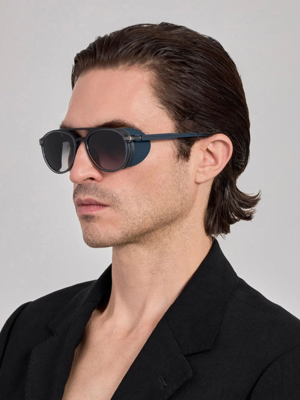 Linda Farrow Sutton Explorer Sunglasses, antique white gold and navy, view 4