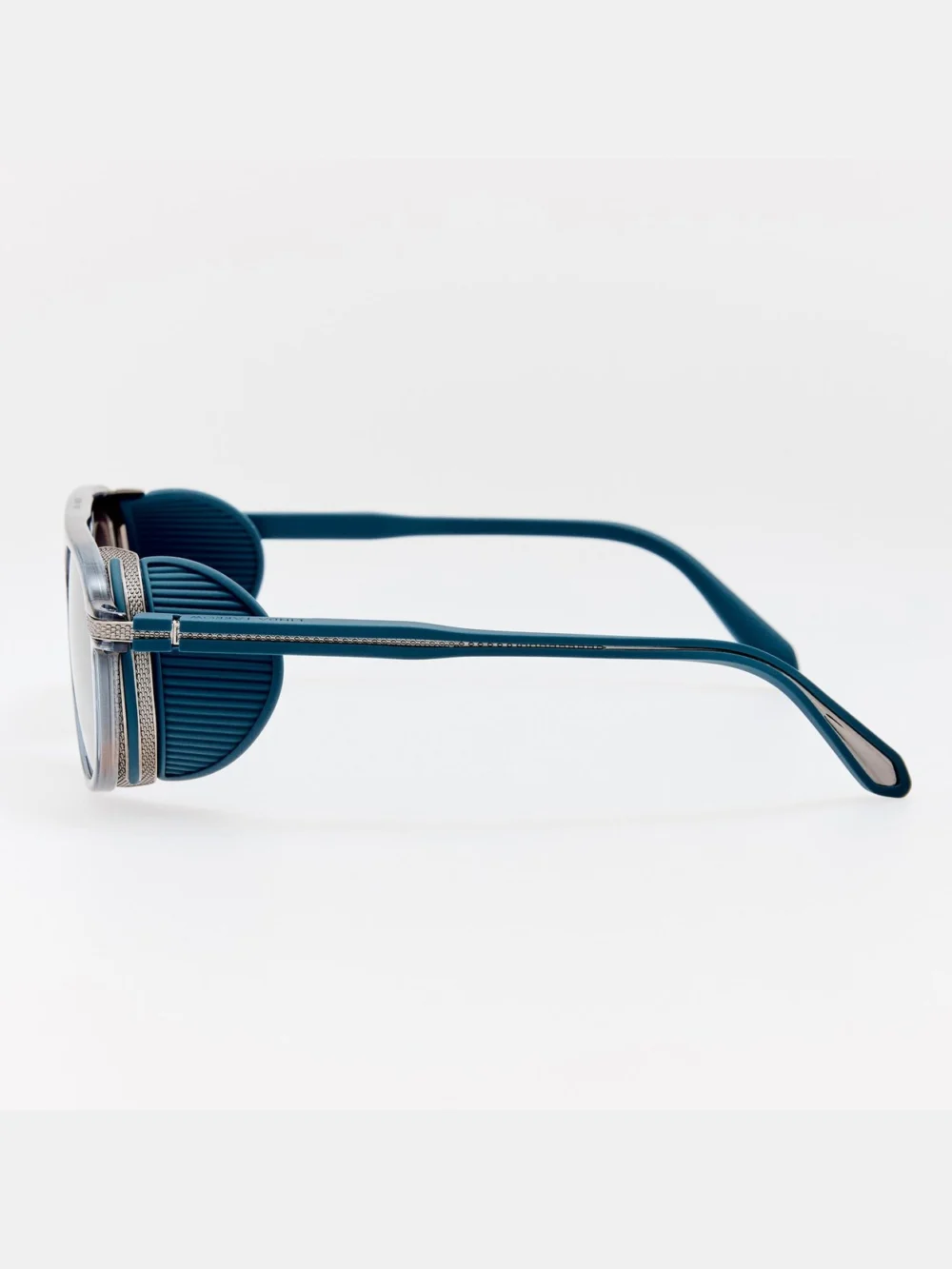 Linda Farrow Sutton Explorer Sunglasses, antique white gold and navy, view 5