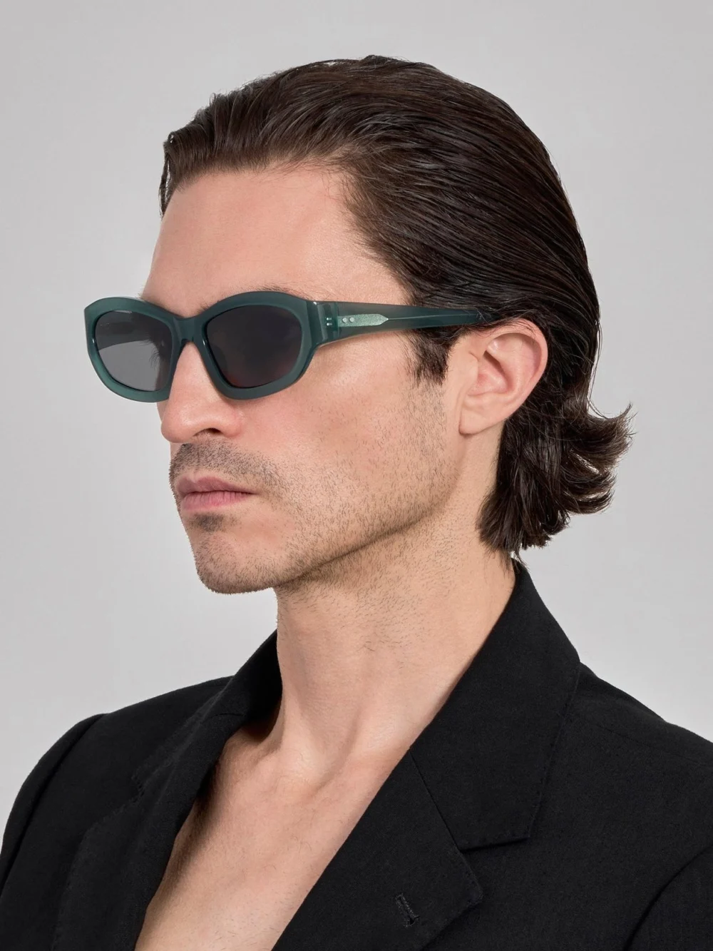 Linda Farrow Wrap Sunglasses, teal, view 4