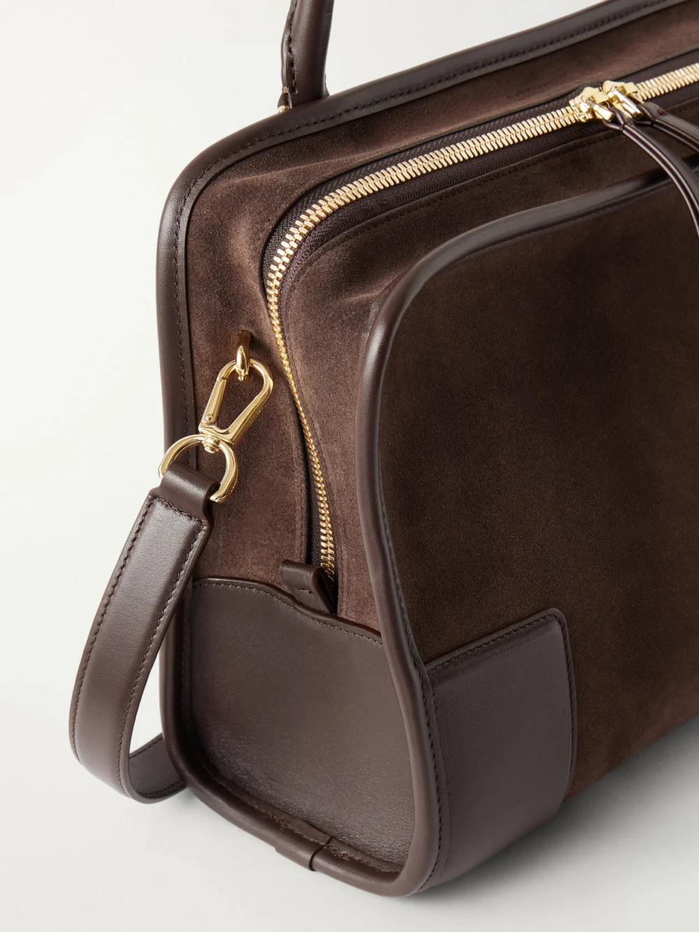 Close-up detail of the Loewe Amazona 180 Medium Leather-trimmed Suede Tote