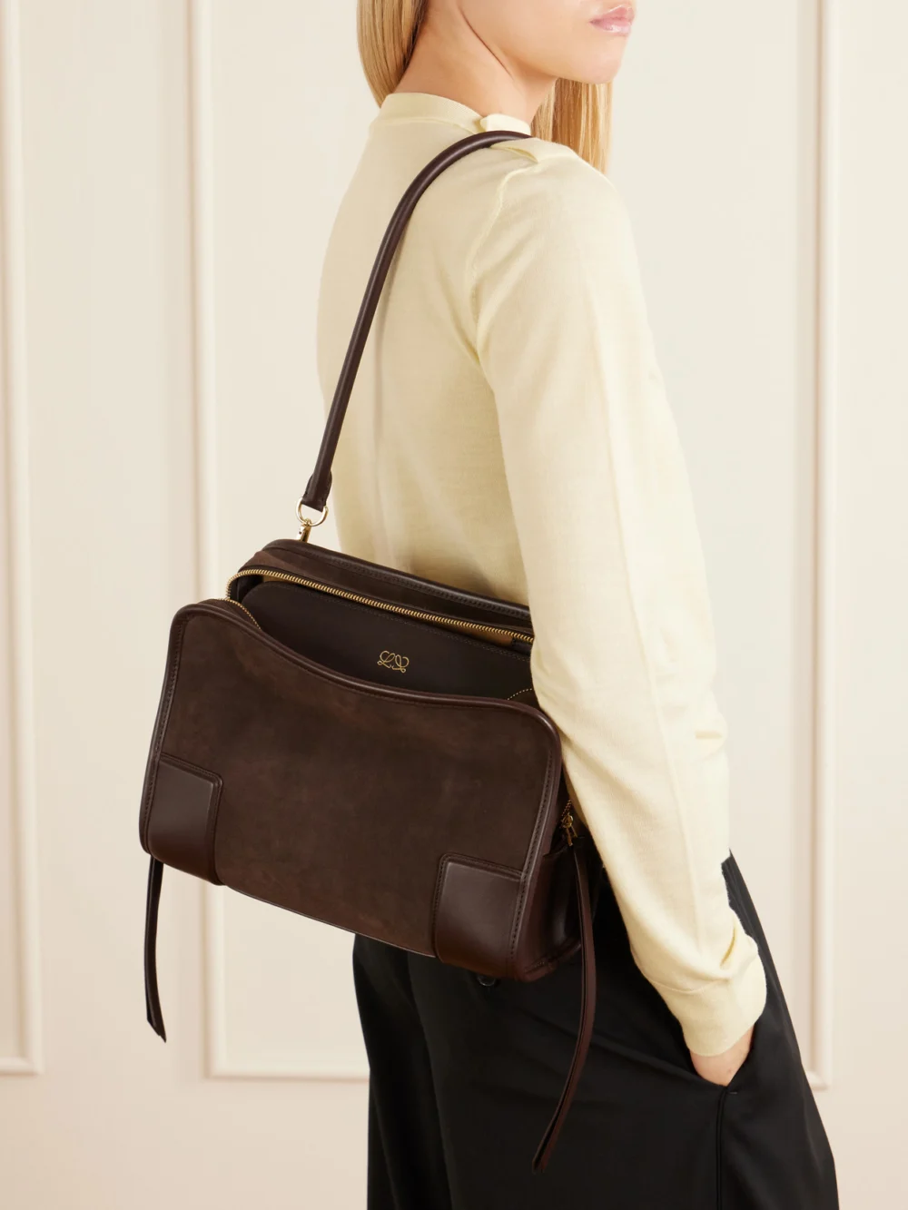 Loewe Amazona 180 Medium Leather-trimmed Suede Tote, styled view